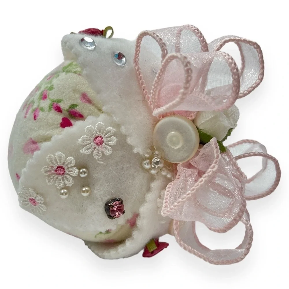 Handmade‎ Strawberry Pin Cushion Floral Rose Bud and Ribbons Pink Survivor Print